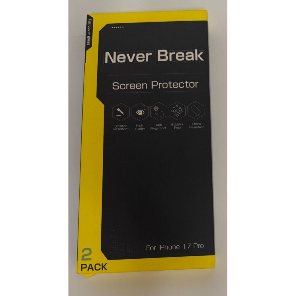Never Break iPhone 17 Pro Screen Protector 2 Pack Full Cover Glass New